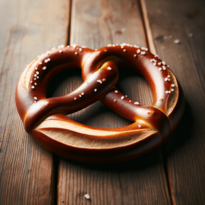 Eine traditionelle deutsche Brezel, bekannt als Laugenbrezel, mit glänzender brauner Kruste und sichtbaren Salzkristallen, symbolisiert ihren klassischen Geschmack und durchschnittlichen Kaloriengehalt.
