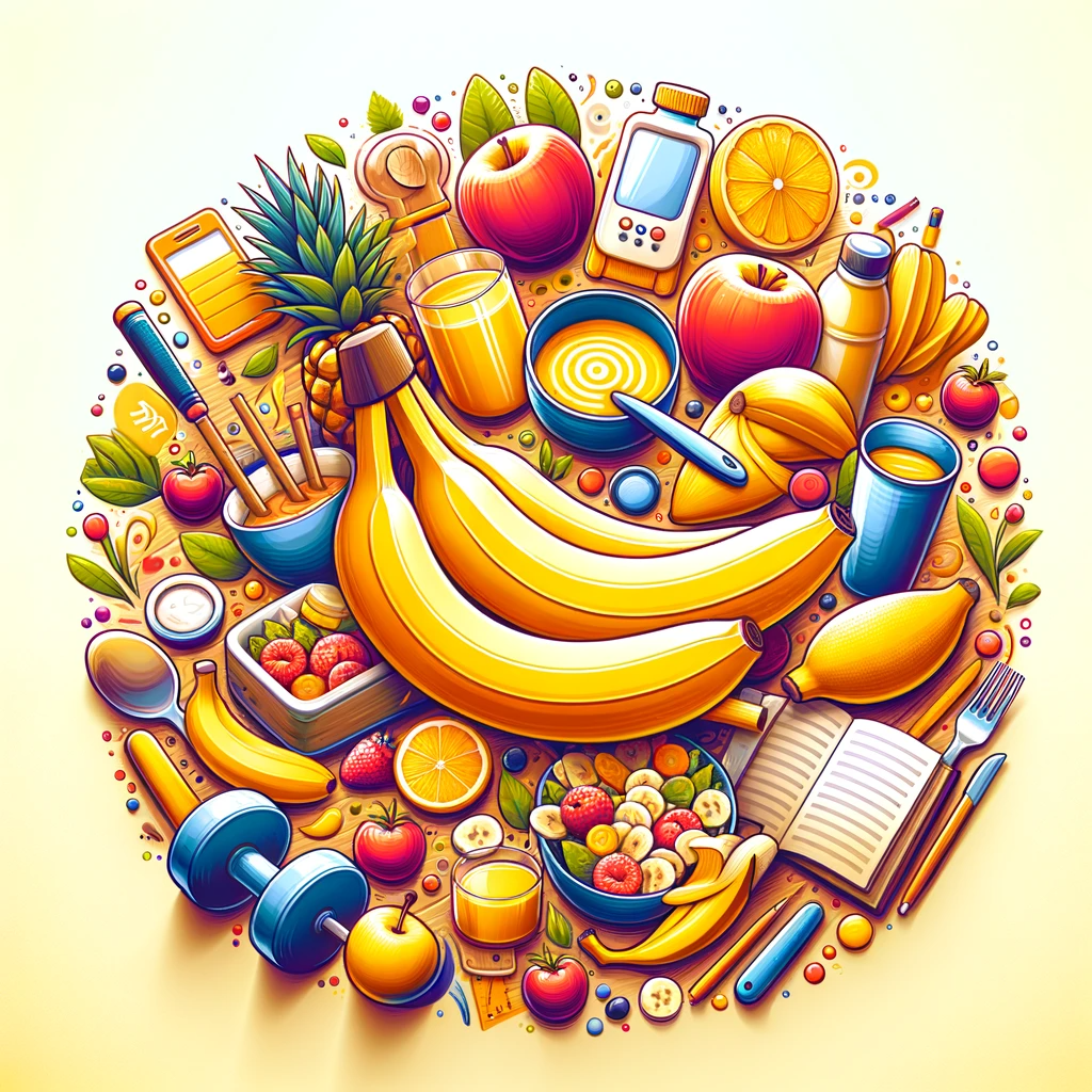 Kreative Illustration, die verschiedene Anwendungen von Bananen im Alltag zeigt, darunter als gesunder Snack, in der Küche und beim Sport, mit einem lebendigen und farbenfrohen Design, das die Vielseitigkeit und ernährungsphysiologischen Vorteile von Bananen hervorhebt, ideal für einen Artikel über die Gesamtvorteile von Bananen.