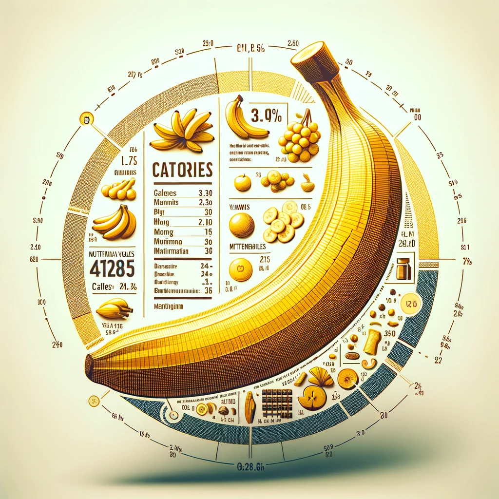Informative Grafik einer Banane mit Angaben zu Nährstoffen, darunter Kalorien, Vitamine und Mineralien, ideal für einen Artikel über die Nährwerte und Kalorien von Bananen.