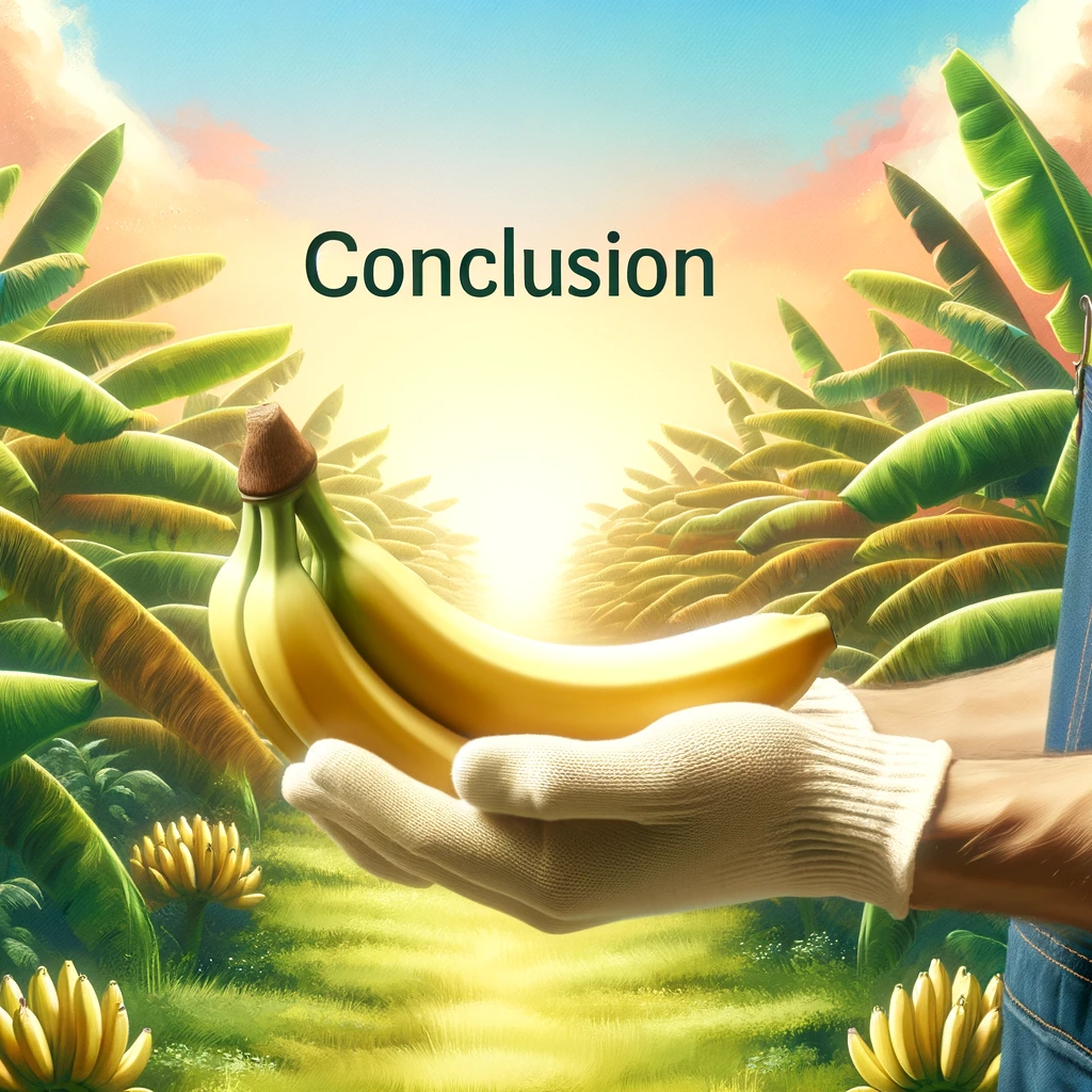 Das erstellte Bild zeigt eine Person, die eine Banane hält, vor dem Hintergrund einer üppigen Bananenplantage. Es symbolisiert den Abschluss eines informativen Artikels über Bananen und vermittelt ein Gefühl der Zufriedenheit und des erworbenen Wissens, passend für den Schlussteil eines Artikels über Bananen.